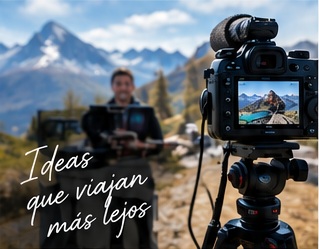 Cámara de vídeo durante una producción audiovisual en la montaña